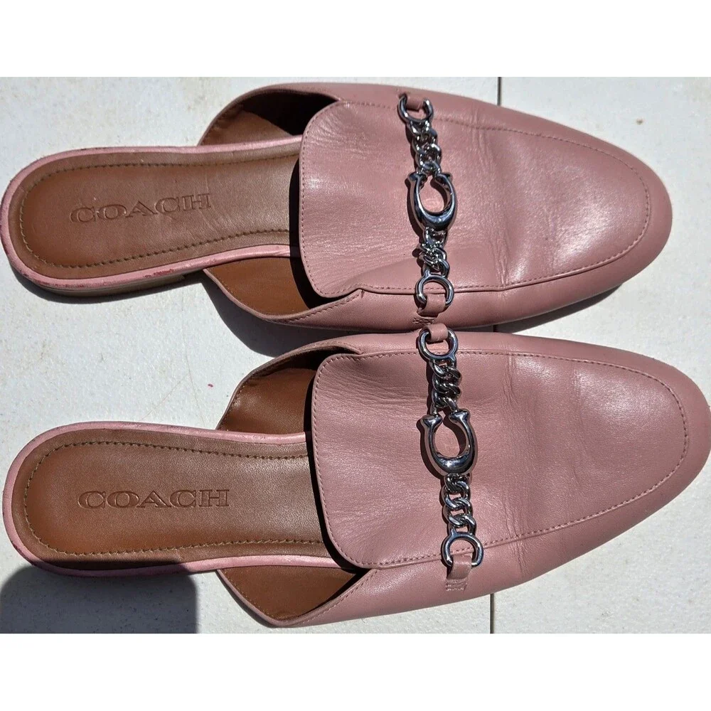 Women’s Coach Pink Leather Mule Loafers with Chain Detail - Size 8.5